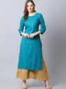 Cantabil Women's Casual Round neck Teal All over Printed Calf length only Kurti
