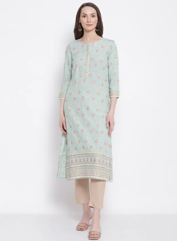 Cantabil Women's Casual Round Neck Aqua All Over Printed with Border Calf Length only Kurti