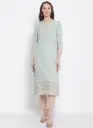 Cantabil Women's Casual Round Neck Aqua All Over Printed with Border Calf Length only Kurti