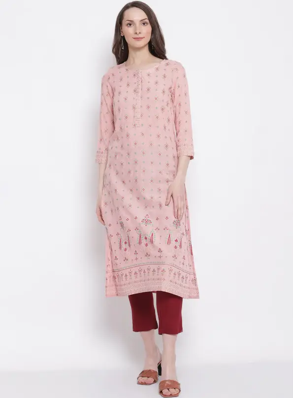 Cantabil Women's Casual Round neck Pink All Over Printed with border Calf length Kurti