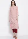 Cantabil Women's Casual Round neck Pink All Over Printed with border Calf length Kurti