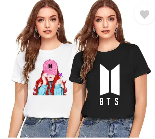 BTS Pack of 2 Women Typography Round Neck Polyester White, Black T-Shirt