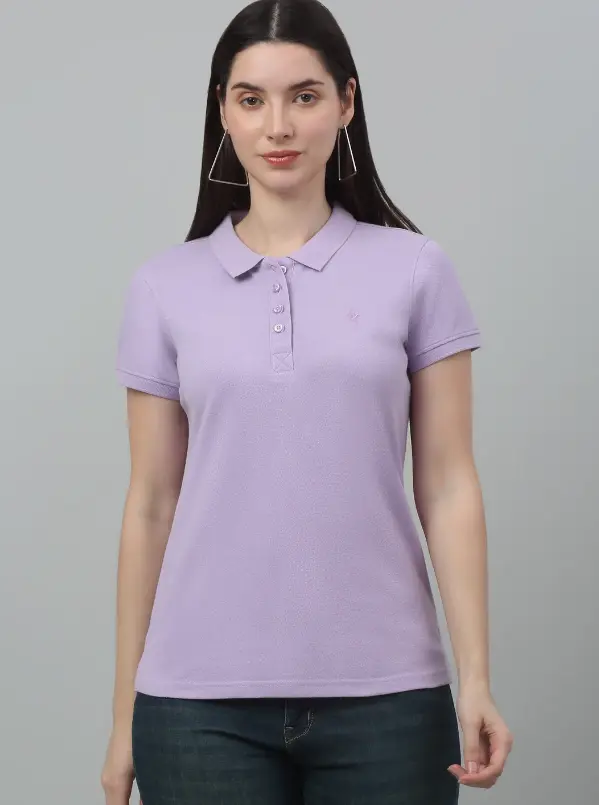 Women's Casual Regular Short Sleeve Lavender Polo neck T-Shirt