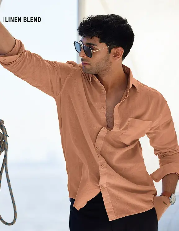 Cotton Linen: Coral Peach Cotton Linen Shirts (XS)