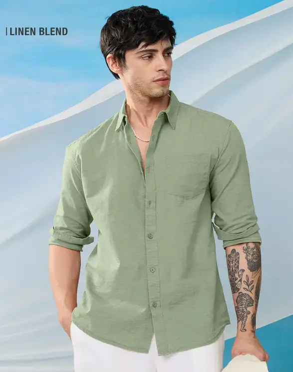 Cotton Linen: Light Green Cotton Linen Shirts (XS)