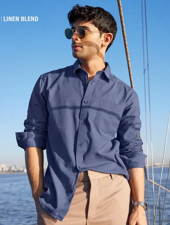 Cotton Linen: Indigo Blue Cotton Linen Shirts (XS)