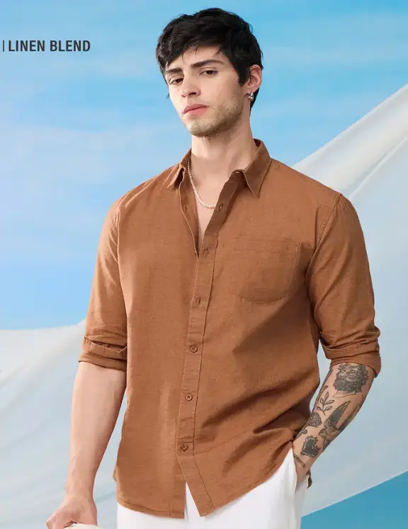 Cotton Linen: Russet Brown Cotton Linen Shirts (XS)