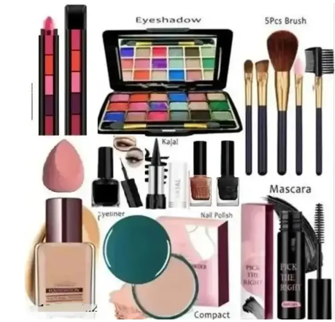 eyeshadow with eyeliner mascara kajal lipstick nail polish compact & foundation  (Pack of 11)