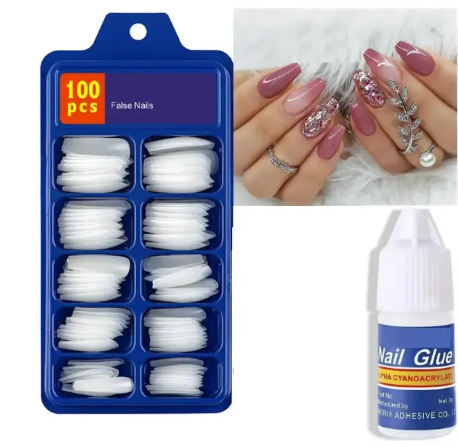 Fabulous 100pcs Artificial Reusable False Artificial Nails & Glue White  (Pack of 100)