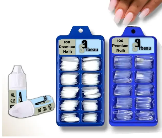 200-Pcs Artificial Nails Set - 100 White & 100 Transparent and 2 Nail Glue Combo Transparent, White  (Pack of 200)