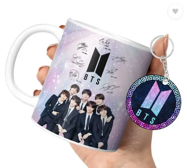 Bts Cup with Keychain Bts Gift For Anyone on Any Occasion (DB-18) Ceramic Coffee Mug  (350 ml, Pack of 2)