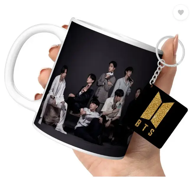 Bts Cup with Keychain Bts Gift For Anyone on Any Occasion (DB-54) Ceramic Coffee Mug  (350 ml, Pack of 2)