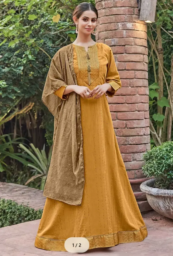 Laxmipati Muslin Majestique Musturd Flaired Length Gown With Dupatta
