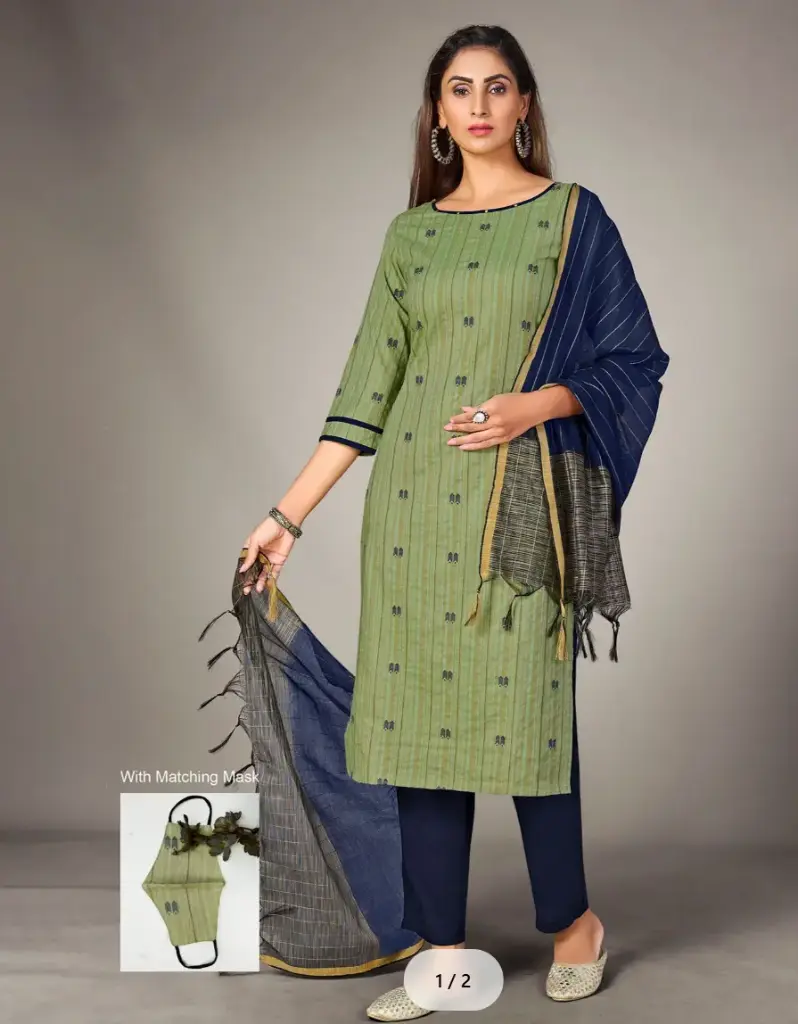 Laxmipati Pure Cotton Leaf Green Contract Dobby Designs With Duppata & Pant