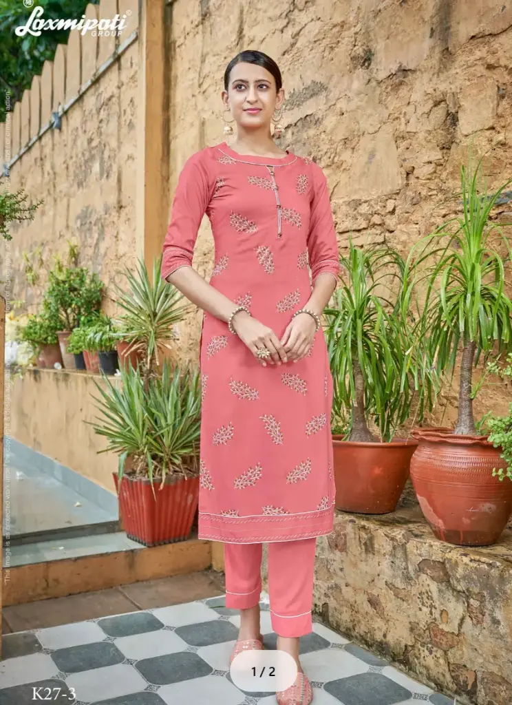 Laxmipati Gunnika Vol.1 Muslin Wild Pink Straight Cut Kurti With Pant