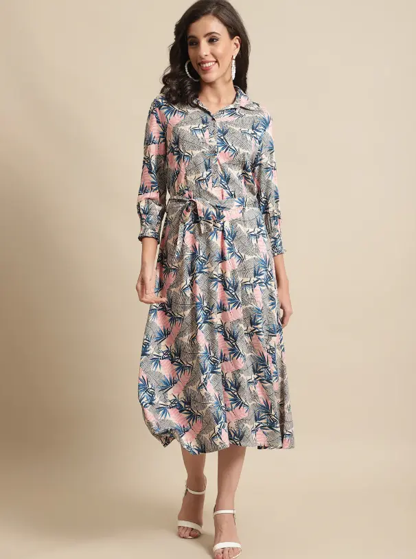 Women's Casual Shirt collar Multi Color Tropical Print Shirt Dress