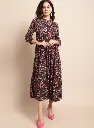 Women's Casual Mandarin Collar Black Floral Print Fit & Flared Dress