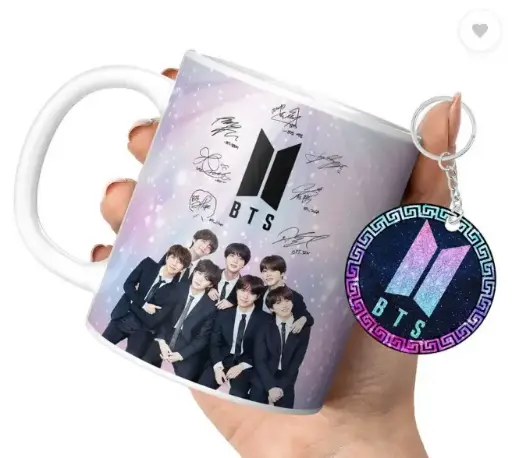 Bts Cup with Keychain Bts Gift For Anyone on Any Occasion (DB-18) Ceramic Coffee Mug  (350 ml, Pack of 2)