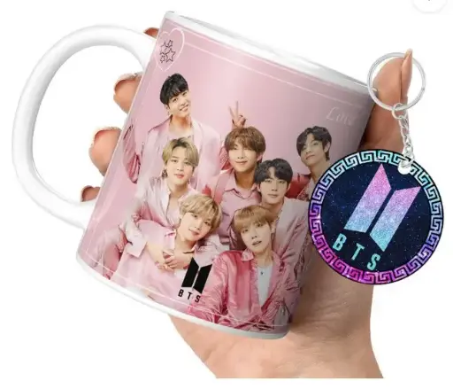Bts Cup with Keychain Bts Gift For Anyone on Any Occasion (DB-22) Ceramic Coffee Mug  (350 ml, Pack of 2)