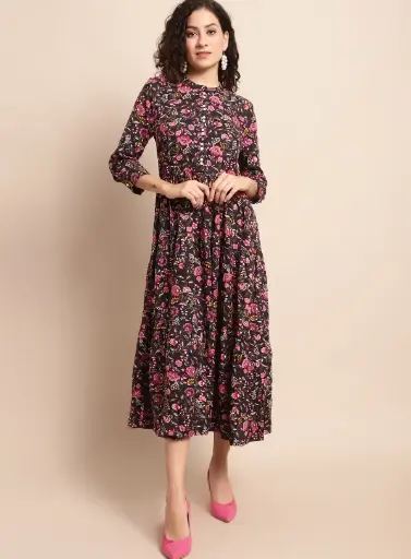 Women's Casual Mandarin Collar Black Floral Print Fit & Flared Dress