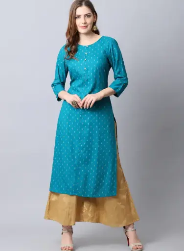 Cantabil Women's Casual Round neck Teal All over Printed Calf length only Kurti