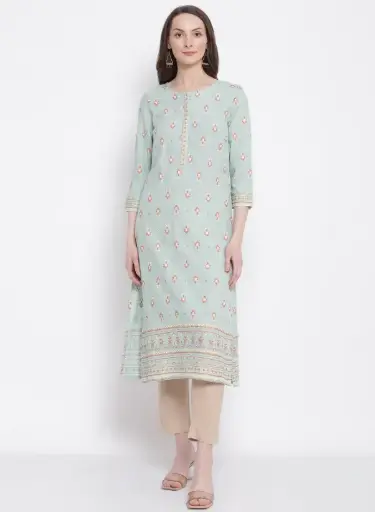 Cantabil Women's Casual Round Neck Aqua All Over Printed with Border Calf Length only Kurti