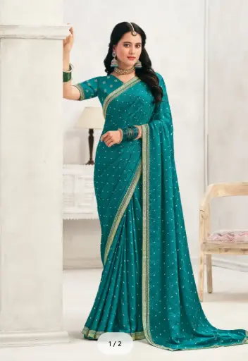 Laxmipati Teal Blue Crepe Silk Saree with Foil Work - Chameli