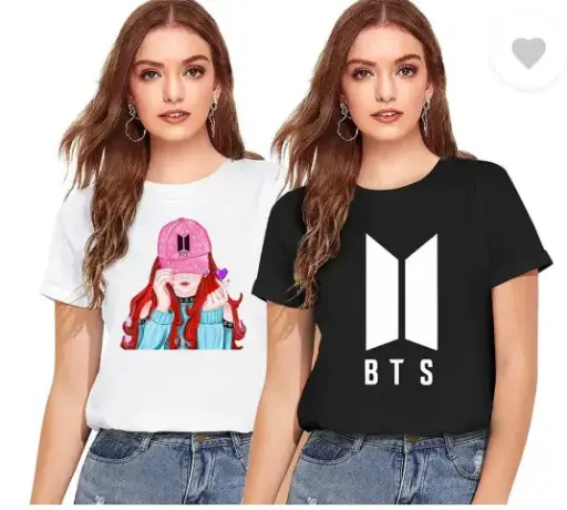 BTS Pack of 2 Women Typography Round Neck Polyester White, Black T-Shirt