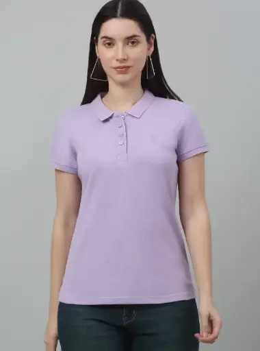 Women's Casual Regular Short Sleeve Lavender Polo neck T-Shirt
