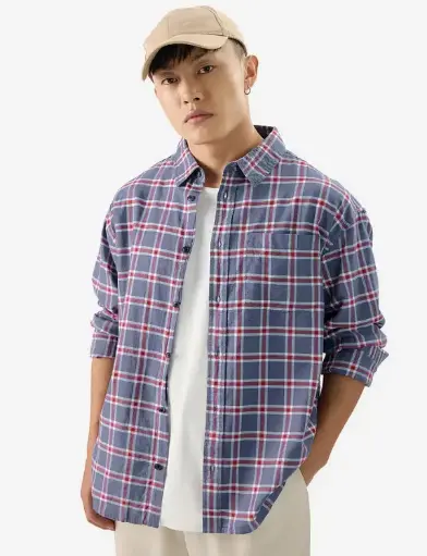 Plaid: Blue, Red Men Relaxed Shirts
