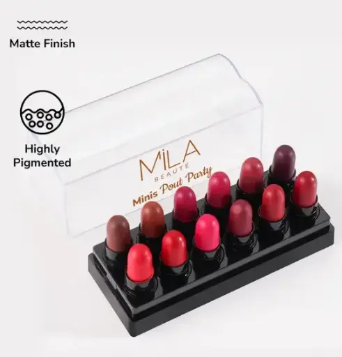 BEAUTÉ Minis Pout Party Matte Lipstick | Highly Pigmented Mini Lipsticks Set of 12 Pcs