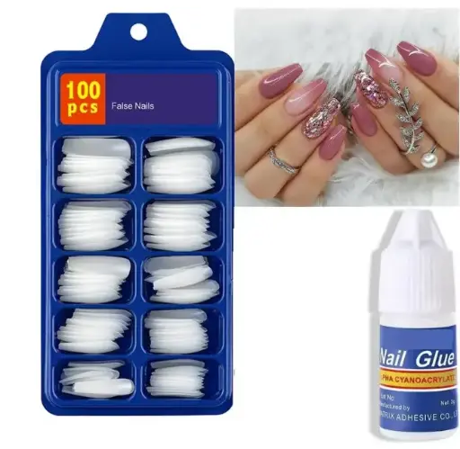 Fabulous 100pcs Artificial Reusable False Artificial Nails & Glue White  (Pack of 100)